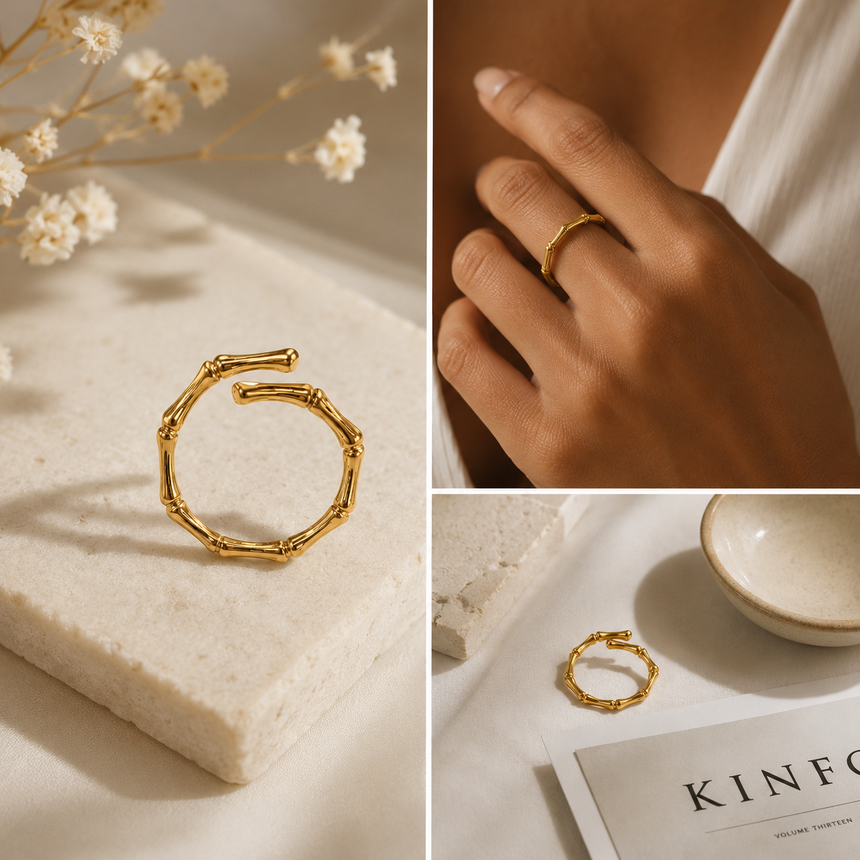 Minimalist Bamboo Gold Band Ring Adjustable
