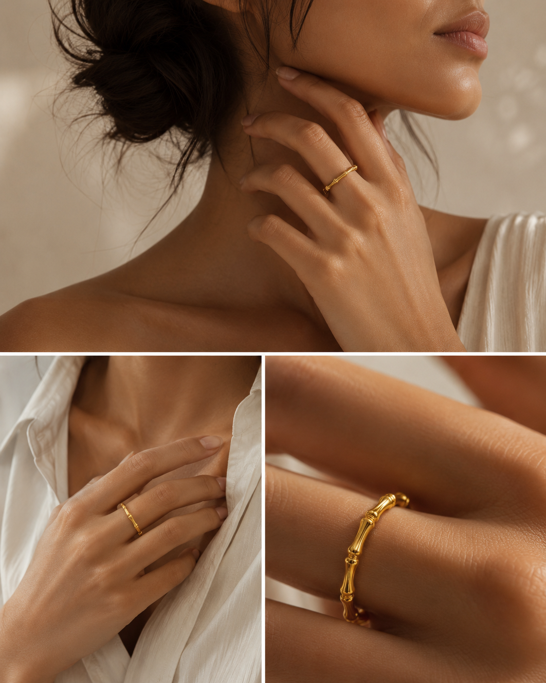 Minimalist Bamboo Gold Band Ring Adjustable