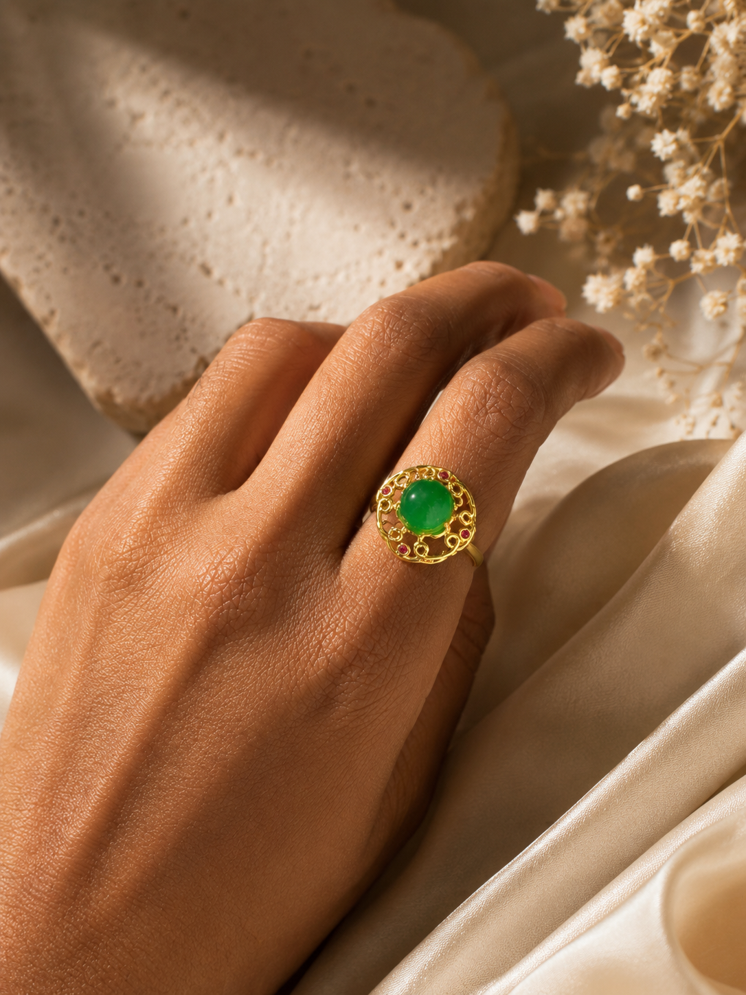 Emerald Halo Gold Statement Ring Adjustable