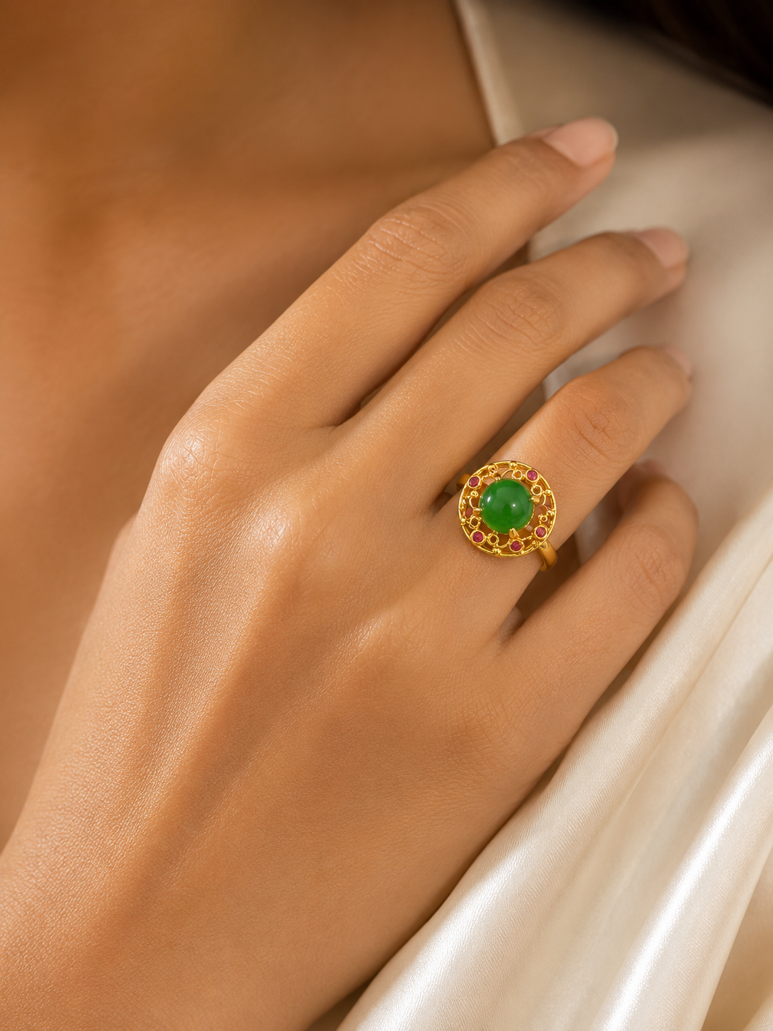 Emerald Halo Gold Statement Ring Adjustable