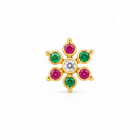 Floral CZ Nose Pin with Pink & Green Stones | Gold-Plated Elegant Nose Stud