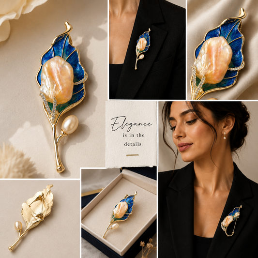 Luxury Blue Enamel Leaf Brooch with Baroque Pearl & CZ Accents | Gold-Plated Designer Brooch