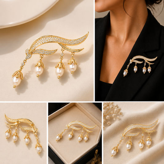 Luxury CZ & Pearl Leaf Brooch Pin | Gold-Plated Designer Brooch for Saree, Blazer & Dresses
