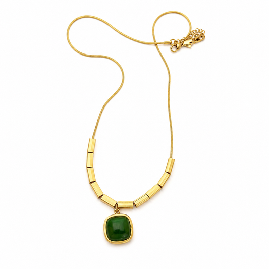 Minimalist Green Stone Pendant Necklace | Gold-Plated Geometric Chain Necklace for Women
