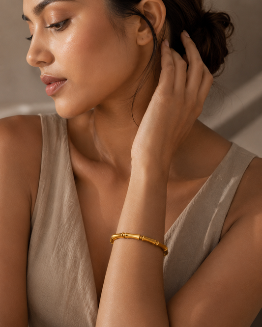 Gold-Plated Bamboo Bangle | Minimalist Stretch Bracelet for Women