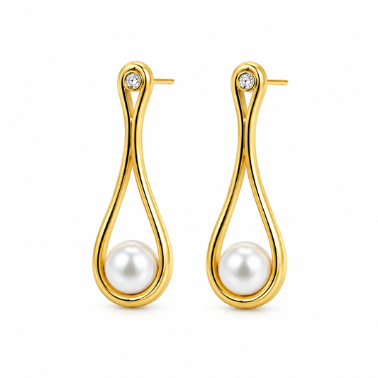 Gold-Plated Pearl Drop Earrings with CZ Accent | Minimalist Teardrop Earrings for Women