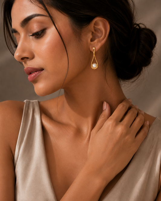 Gold-Plated Pearl Drop Earrings with CZ Accent | Minimalist Teardrop Earrings for Women