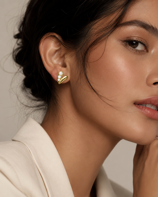 Gold-Plated Pearl Heart Stud Earrings | Minimalist Designer Earrings for Women