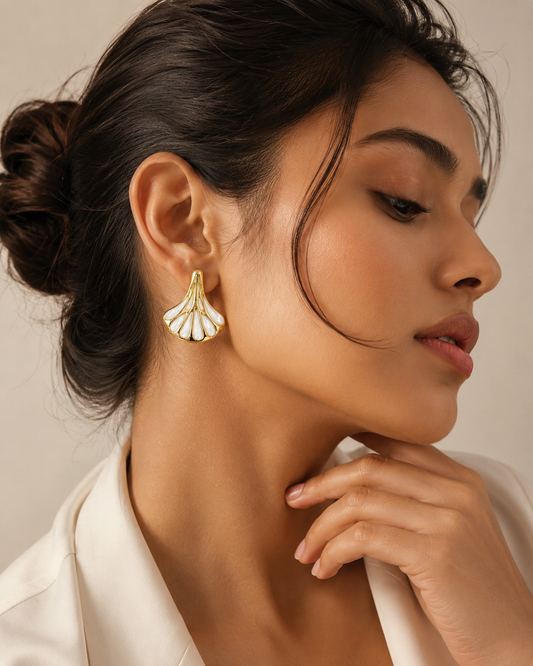Golden Pearl Petal Stud Earrings | Anti-Tarnish Statement Earrings