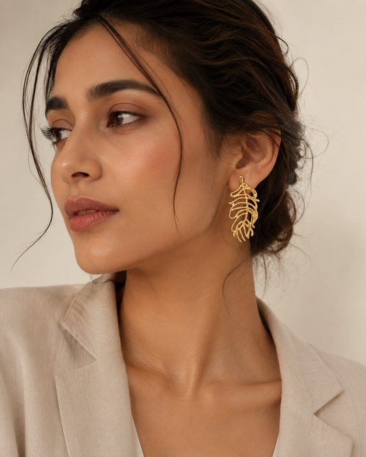 Golden Tropical Leaf Stud Earrings | Anti-Tarnish Nature-Inspired Statement Earrings