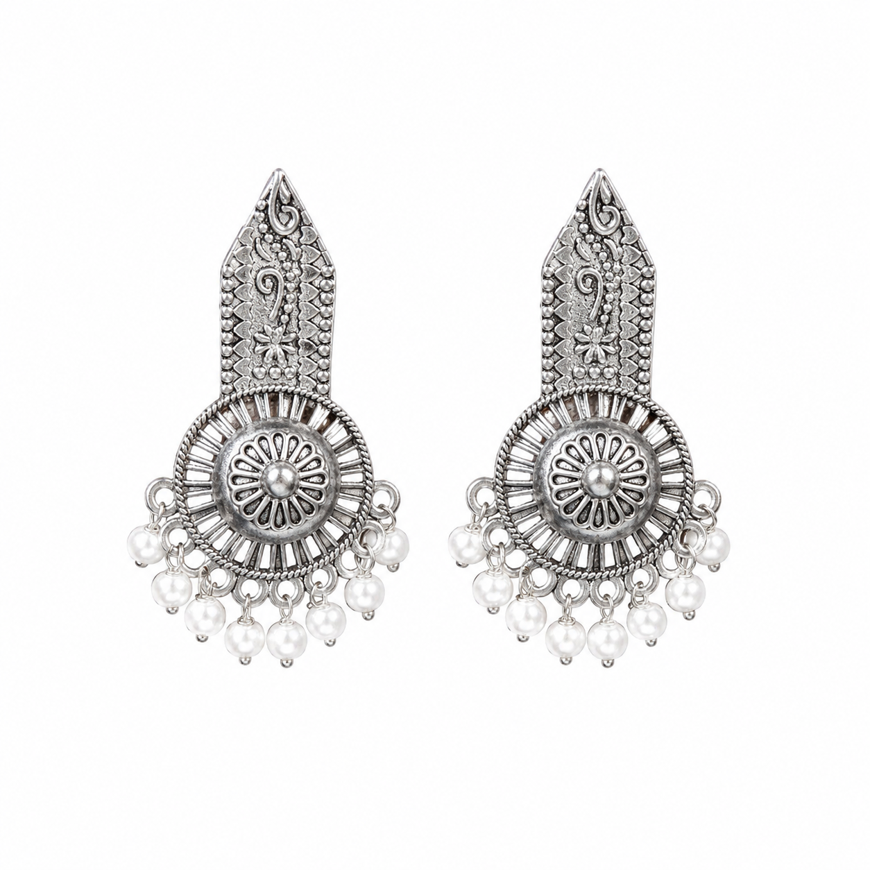 Silver Oxidized Pearl Drop Earrings | Traditional Ethnic Statement Earrings