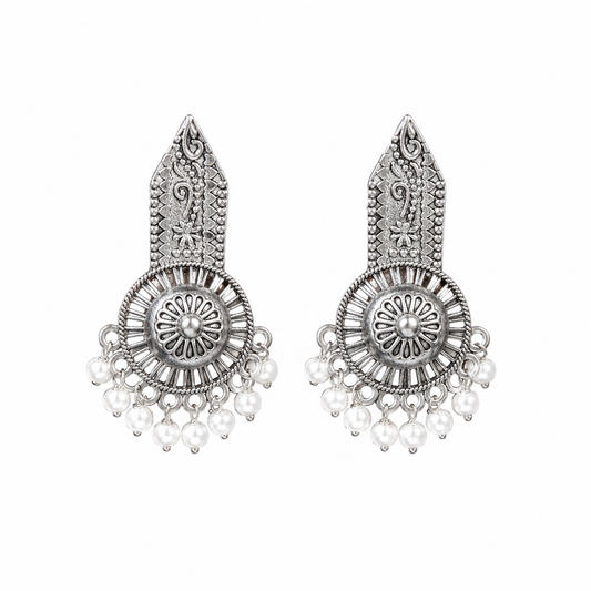 Silver Oxidized Pearl Drop Earrings | Traditional Ethnic Statement Earrings