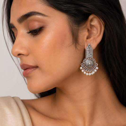 Silver Oxidized Pearl Drop Earrings | Traditional Ethnic Statement Earrings