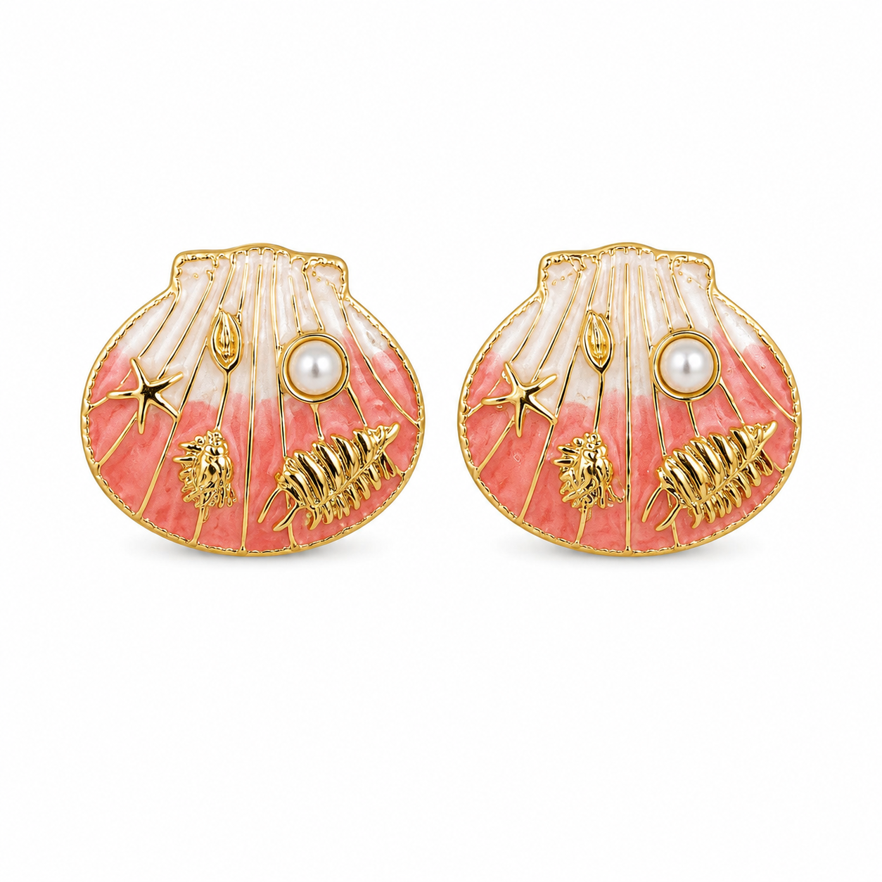 Pink Seashell Pearl Stud Earrings | Gold-Plated Coastal Statement Earrings