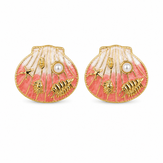 Pink Seashell Pearl Stud Earrings | Gold-Plated Coastal Statement Earrings