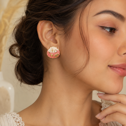 Pink Seashell Pearl Stud Earrings | Gold-Plated Coastal Statement Earrings