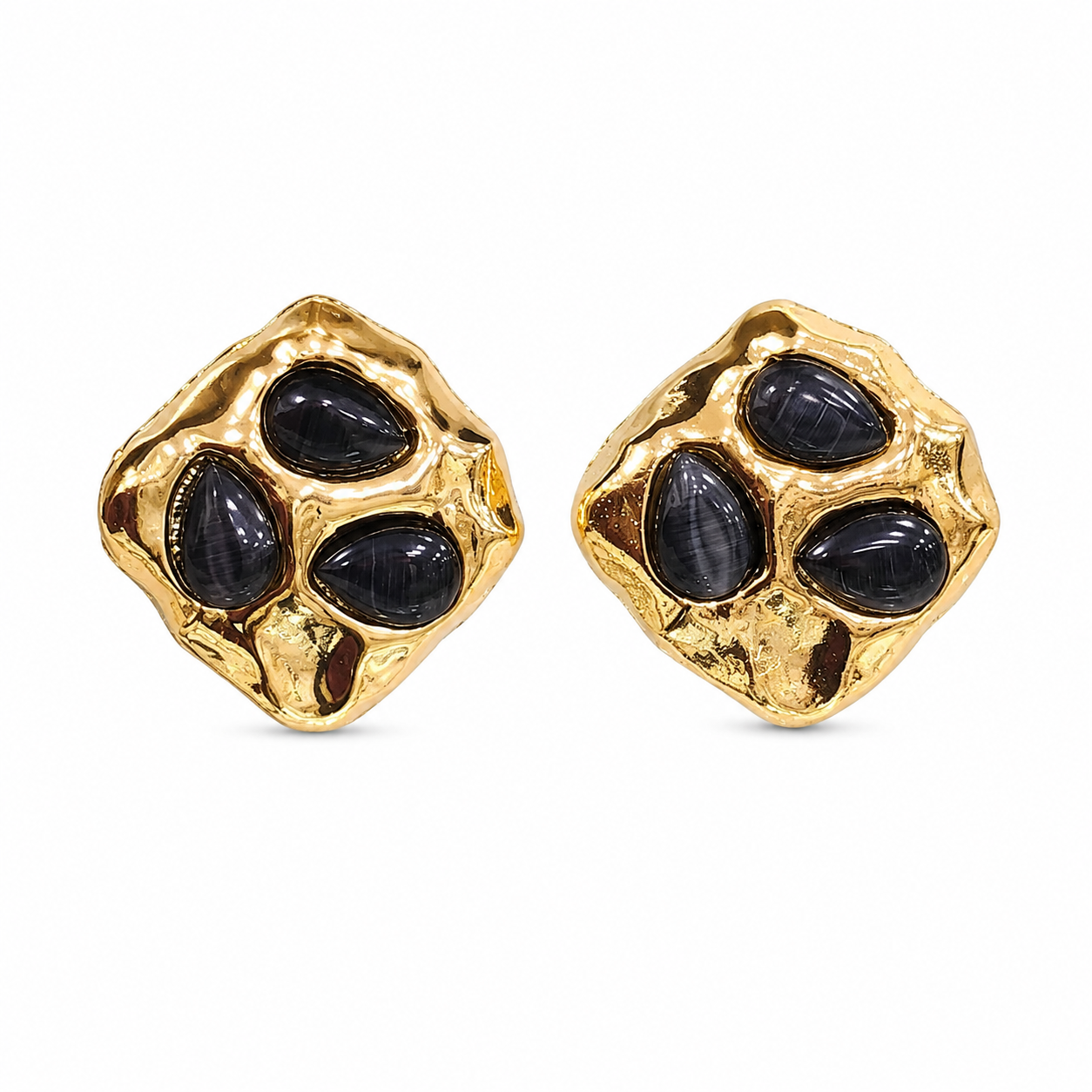 Black Onyx Textured Gold Stud Earrings | Contemporary Statement Earrings