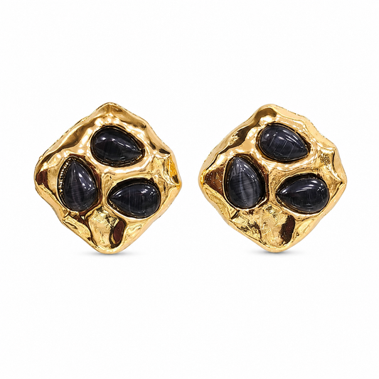 Black Onyx Textured Gold Stud Earrings | Contemporary Statement Earrings