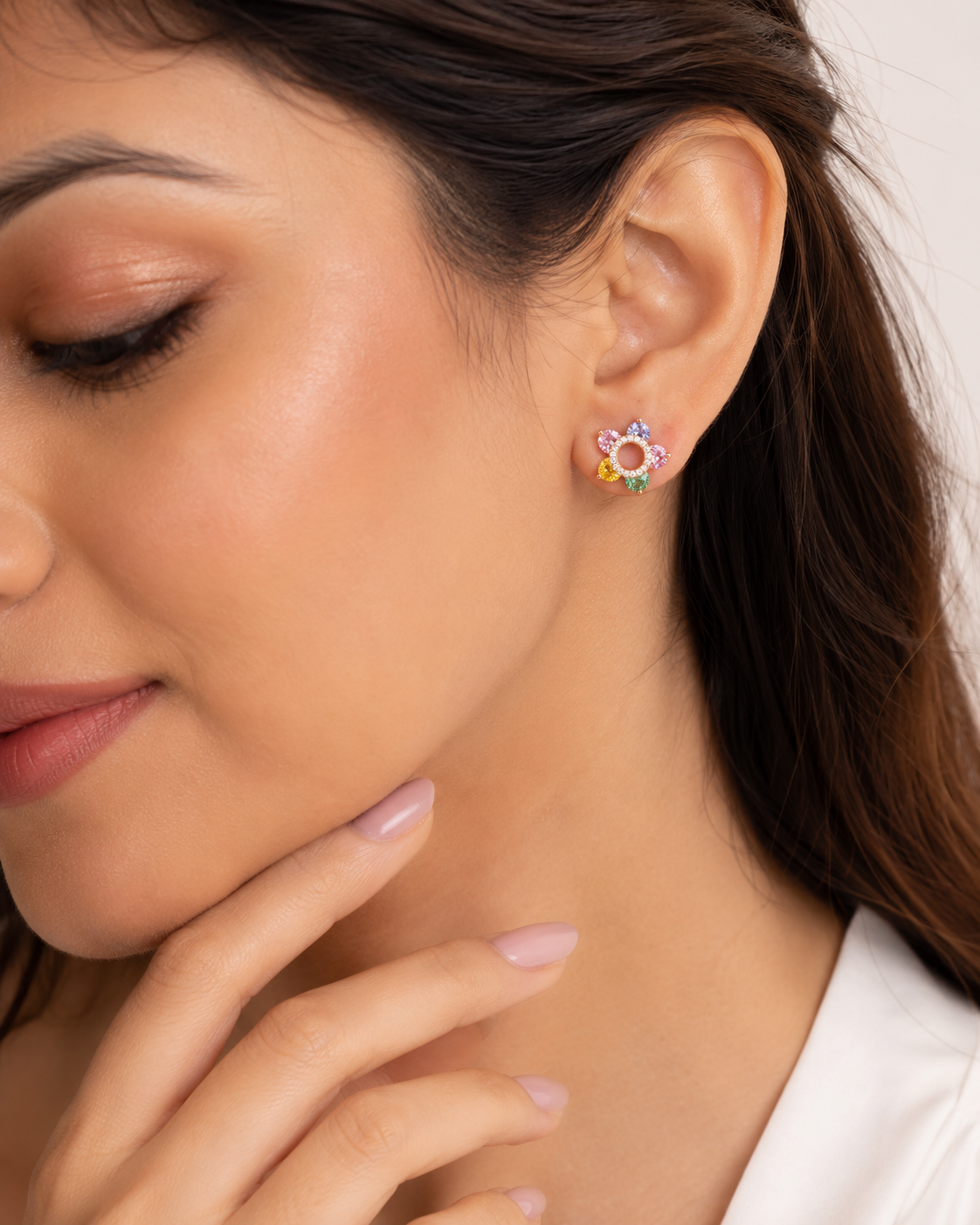 Rainbow Crystal Flower Stud Earrings | Rose Gold-Plated Multicolor CZ Earrings