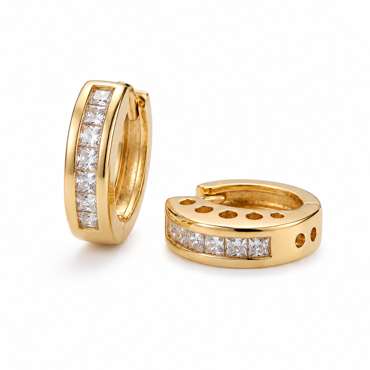 Gold Crystal Huggie Hoop Earrings | Princess-Cut CZ Minimalist Hoops
