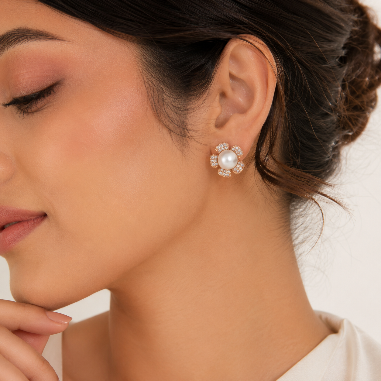 Rose Gold Pearl Flower Stud Earrings | Crystal Floral Earrings for Women
