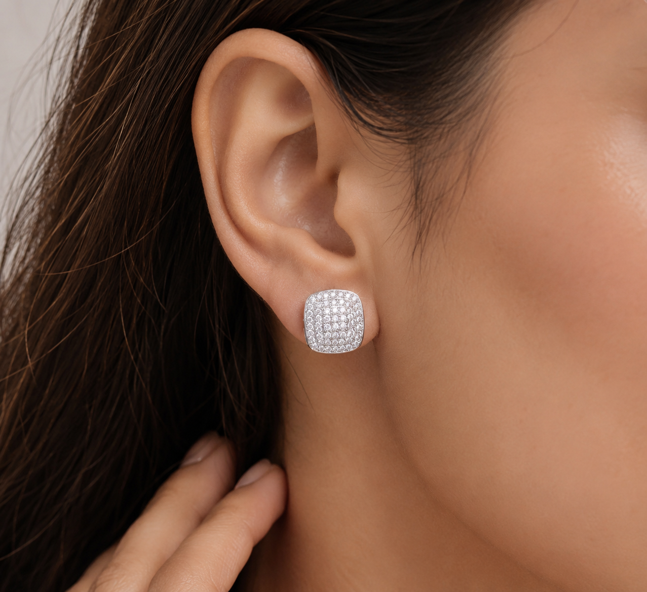Silver Crystal Pavé Stud Earrings | Cushion-Cut Statement Earrings