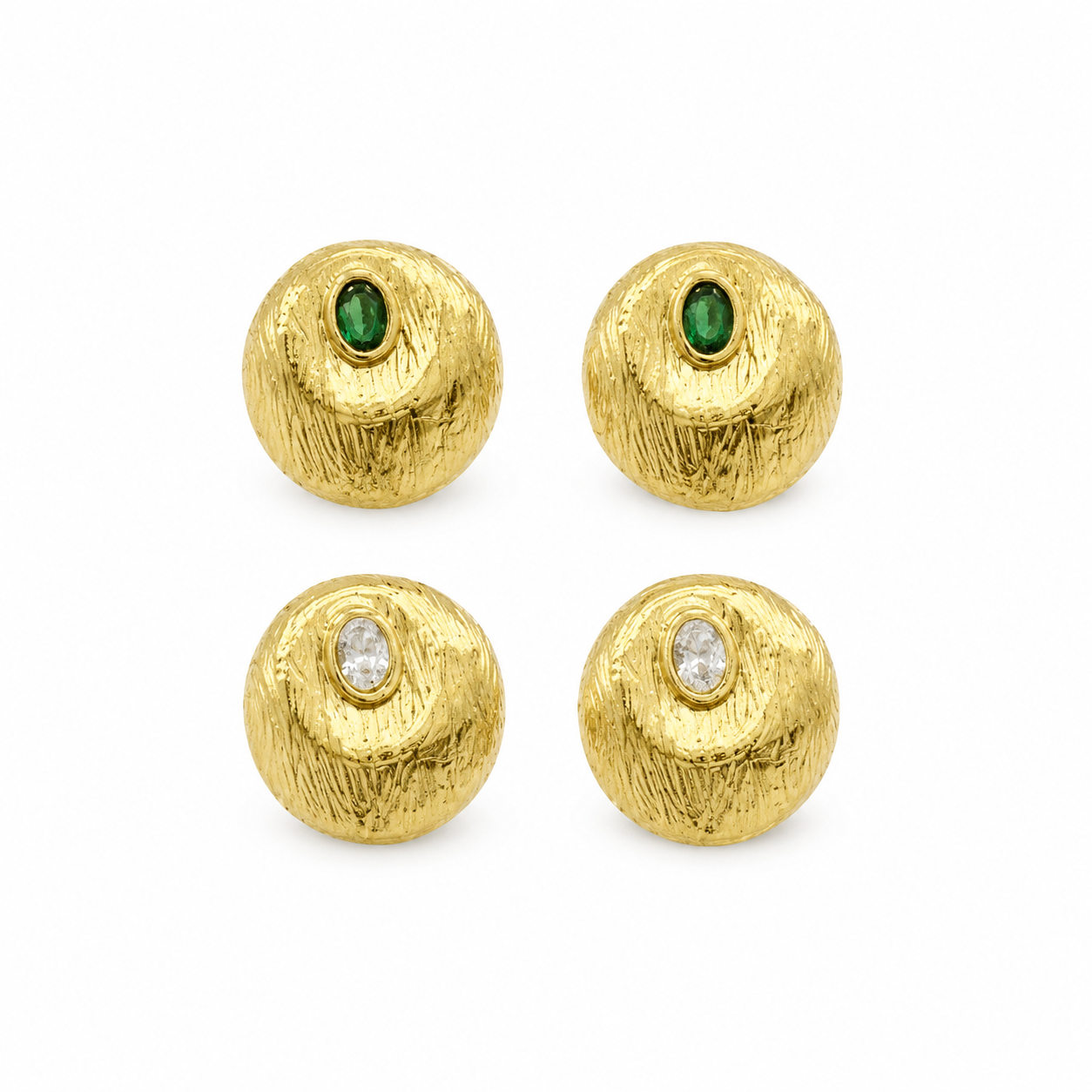 Textured Gold Stud Earrings Set | Crystal & Emerald Accent Statement Studs