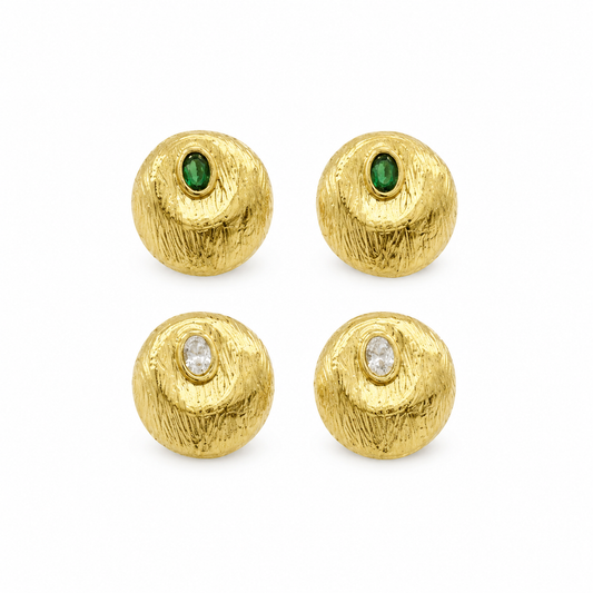 Textured Gold Stud Earrings Set | Crystal & Emerald Accent Statement Studs