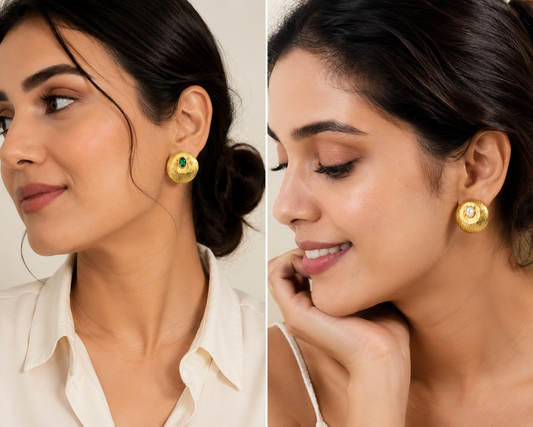 Textured Gold Stud Earrings Set | Crystal & Emerald Accent Statement Studs