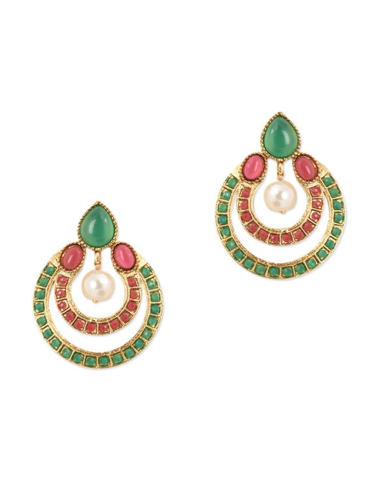 LOLstudio Red & Green Stone with Pearl Ethnic Earring LOLB48