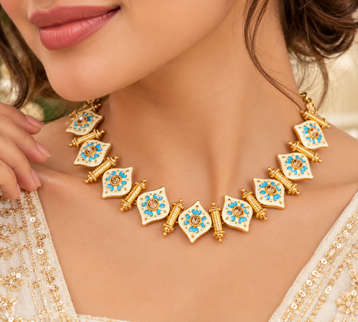 Blue Floral Enamel Statement Necklace