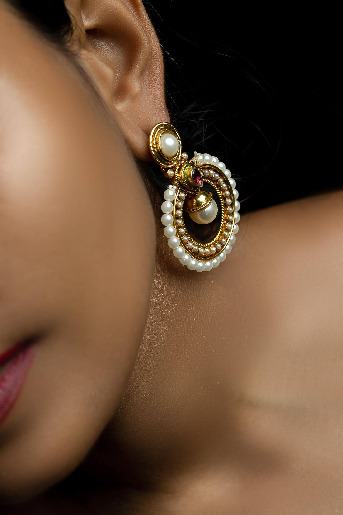 Pearl Meenakari Work Design Chandabali Earring