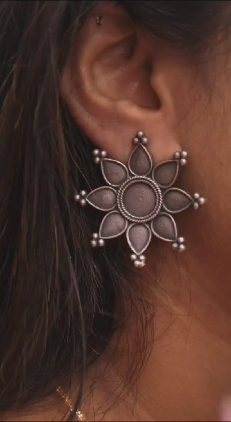 Floral Tribal Silver Stud Earring